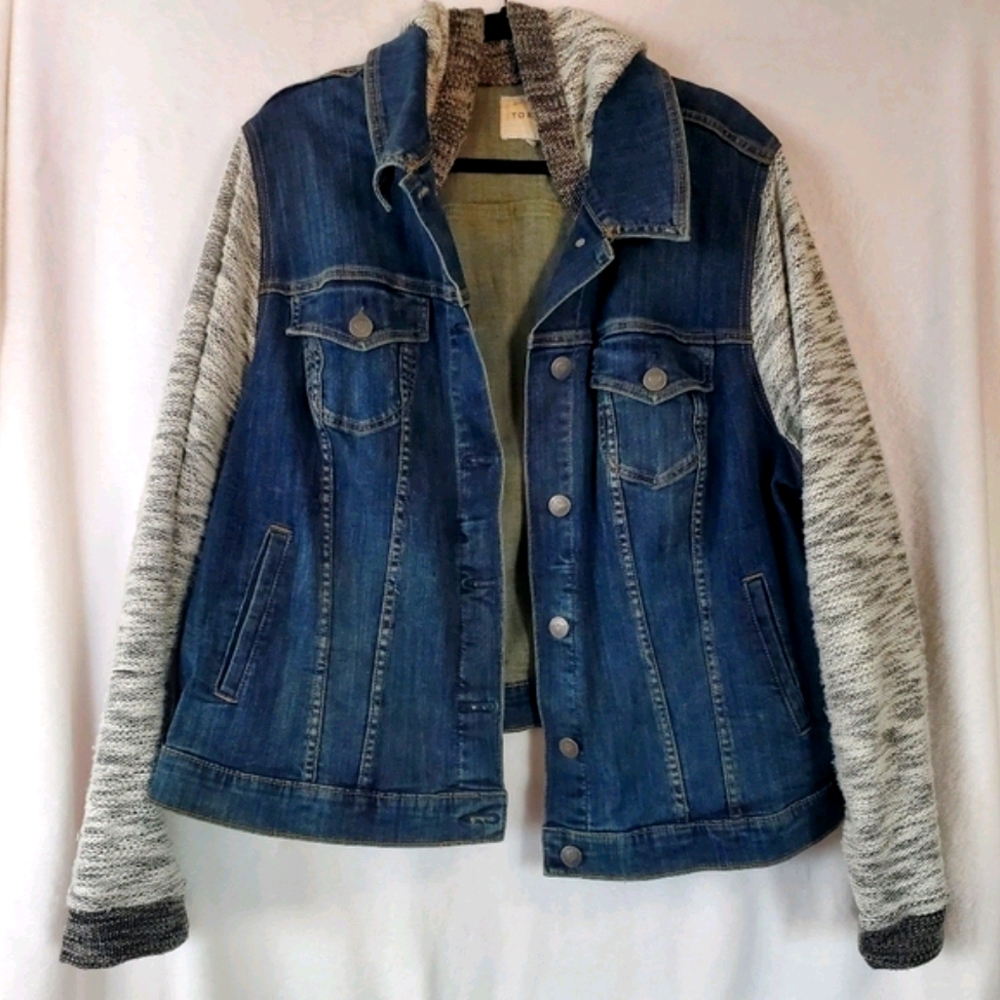 torrid Blue Denim Jacket with Marled Gray Knit Hood & Sleeves